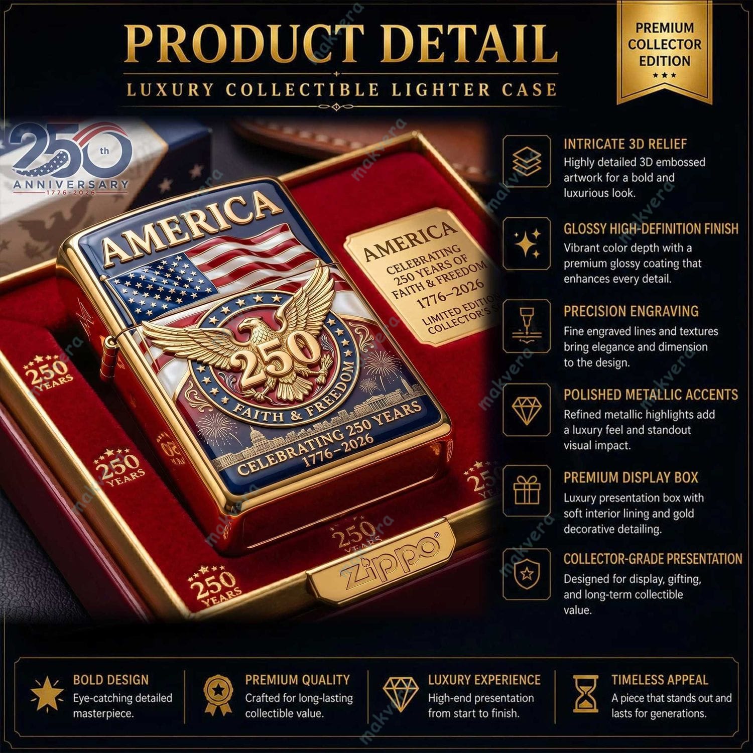 America Celebrating 250 Years 1776-2026 Zippo Lighter 3 America Celebrating 250 Years 1776-2026 Zippo Lighter 3