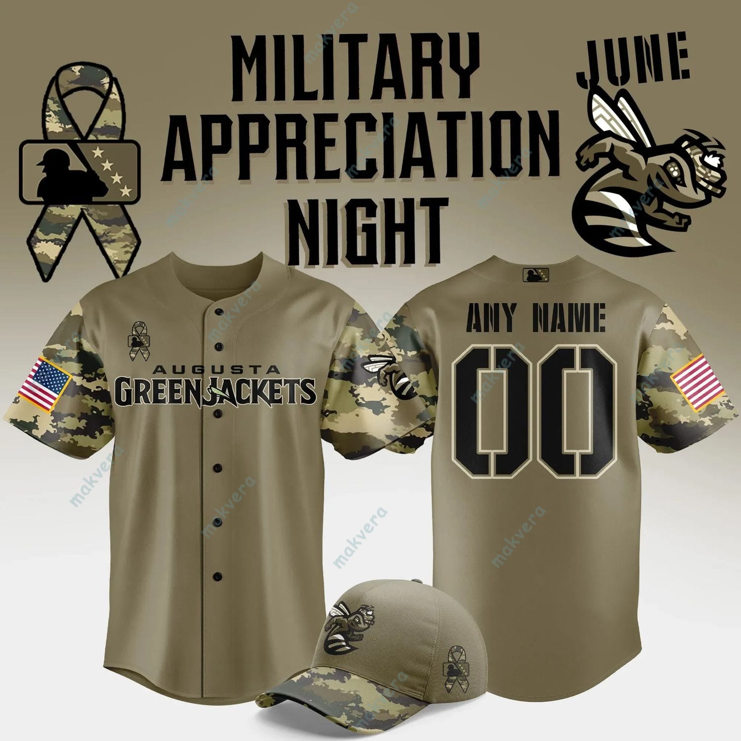 Custom Augusta GreenJacket Military Appreciation Night 2026 Baseball Jersey 2 Custom Augusta GreenJacket Military Appreciation Night 2026 Baseball Jersey 2