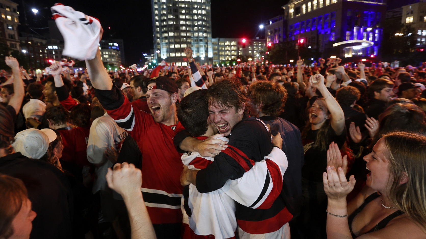 Raleigh fans celebrating the Hurricanes 2026 Stanley Cup championship