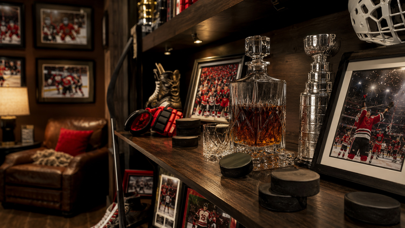 Hurricanes championship fan cave display with collectible whiskey decanter