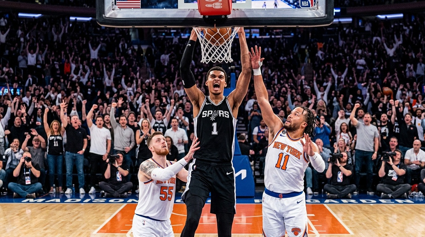 Victor Wembanyama dominates the paint during Spurs vs Knicks NBA Finals Game 4 at Madison Square Garden.