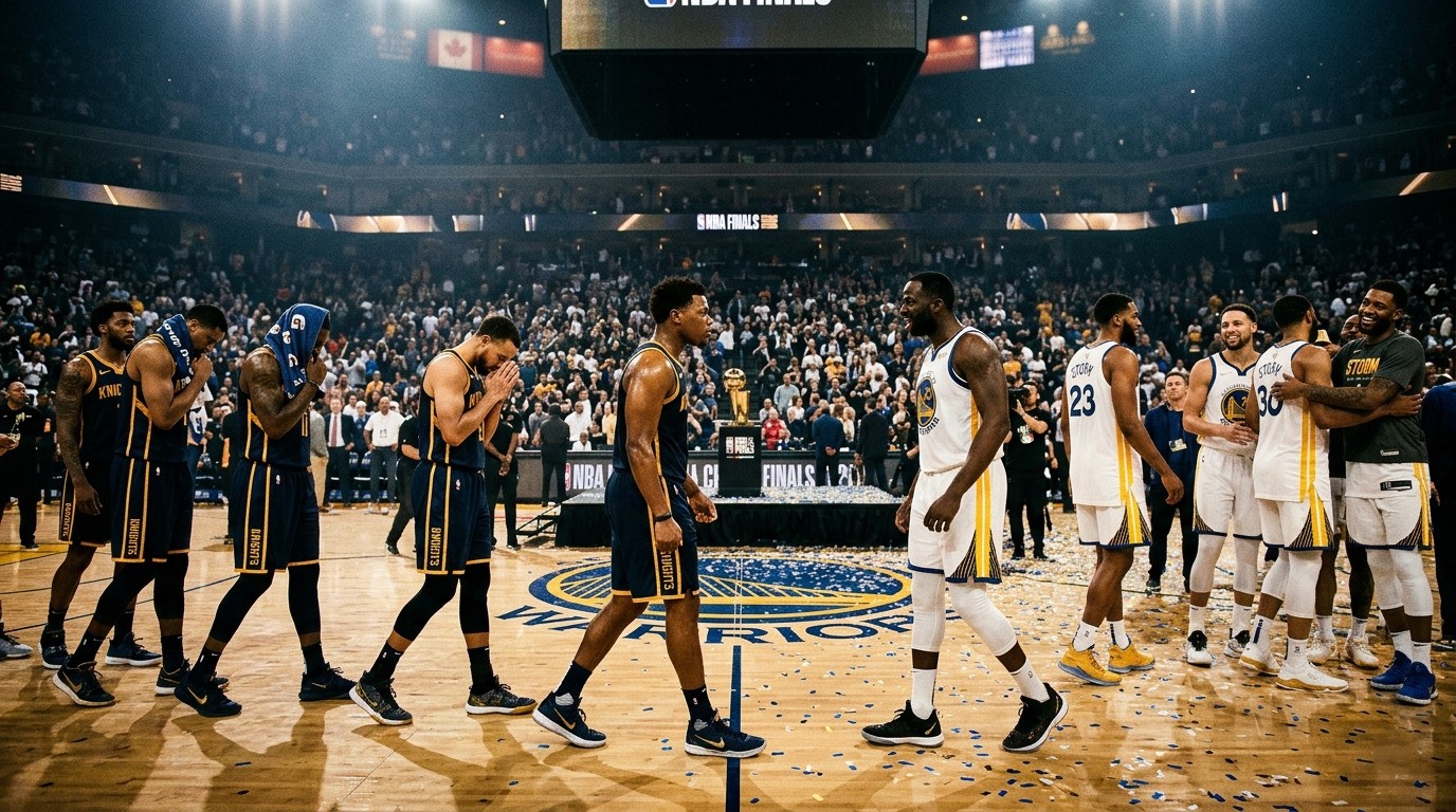 Spurs and Knicks players leave the court after a dramatic Game 4 in the 2026 NBA Finals.