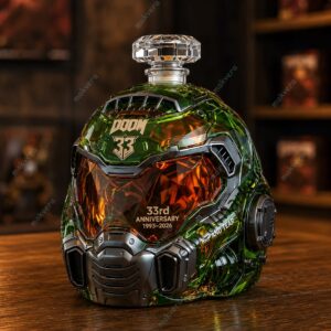 Doom Slayer RIP And Tear 33rd Anniversary Helmet Whiskey Bottle