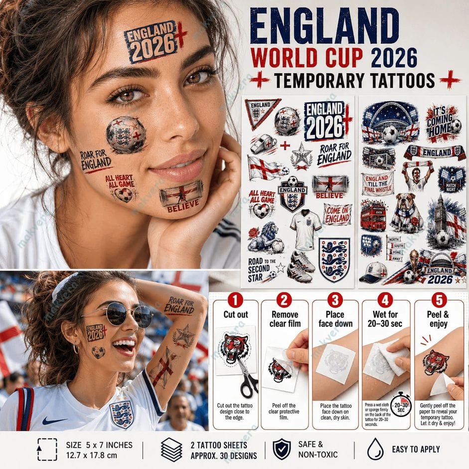 England World Cup 2026 Temporary Tattoos England World Cup 2026 Temporary Tattoos