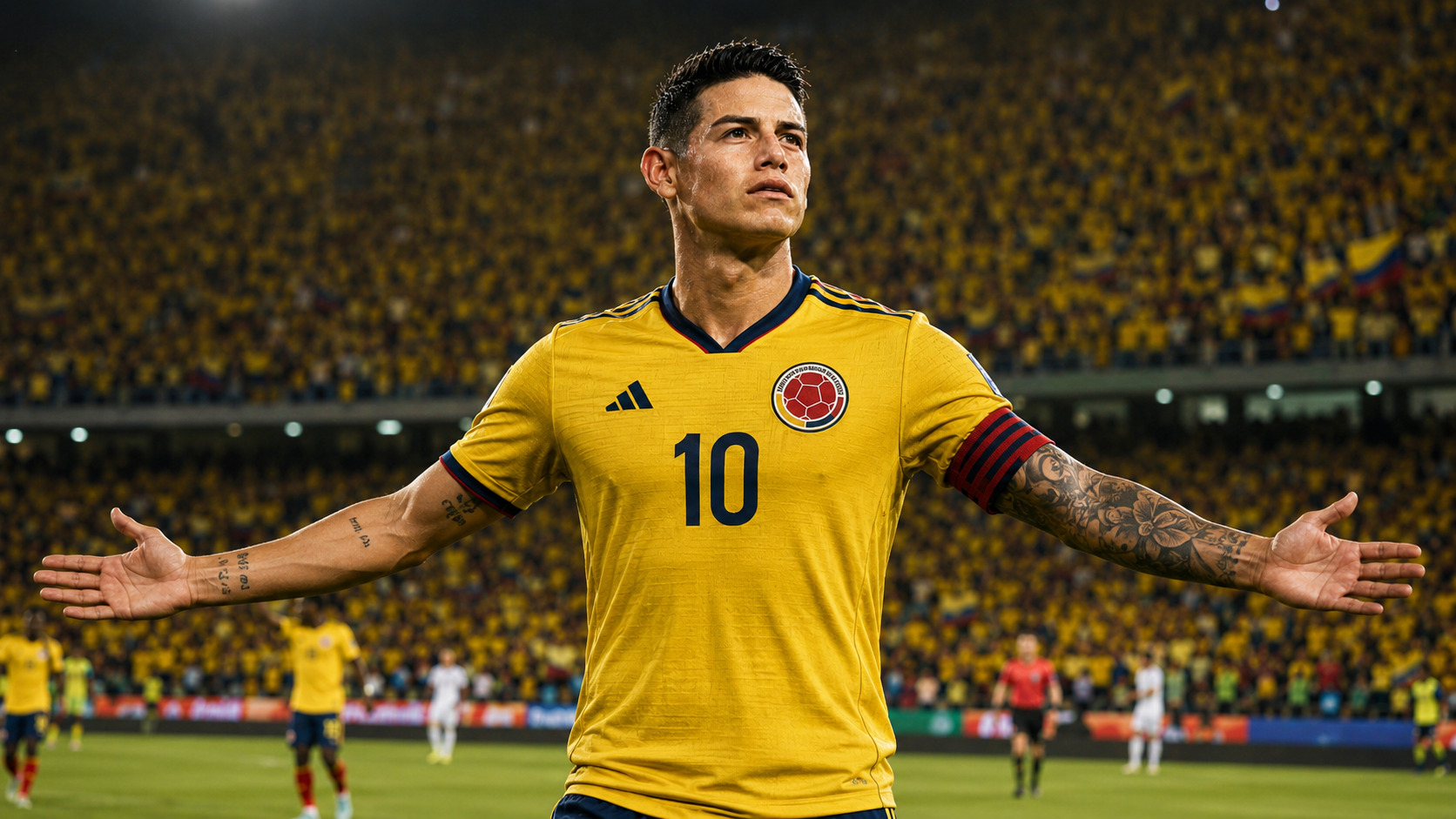 James Rodríguez celebrating for Colombia in a packed stadium