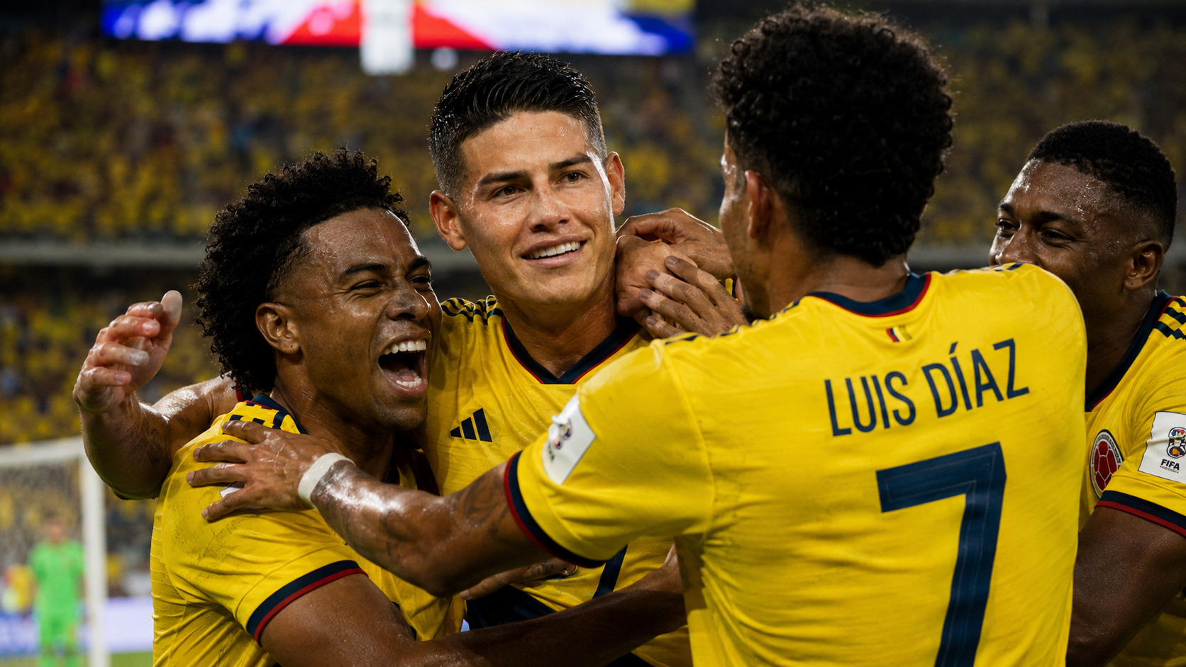 Colombia players celebrating together after a World Cup goal