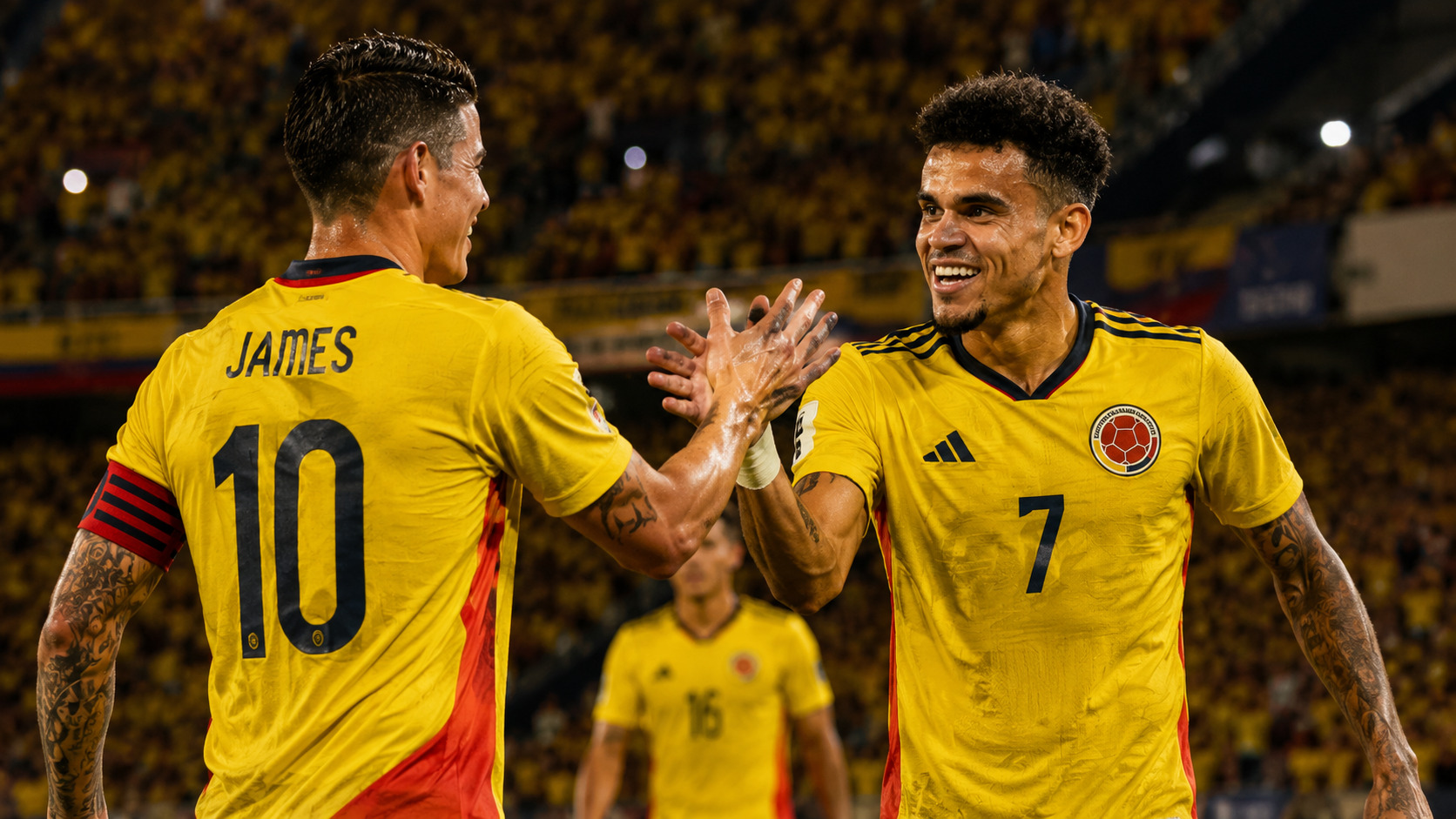 James Rodríguez and Luis Díaz celebrating together for Colombia