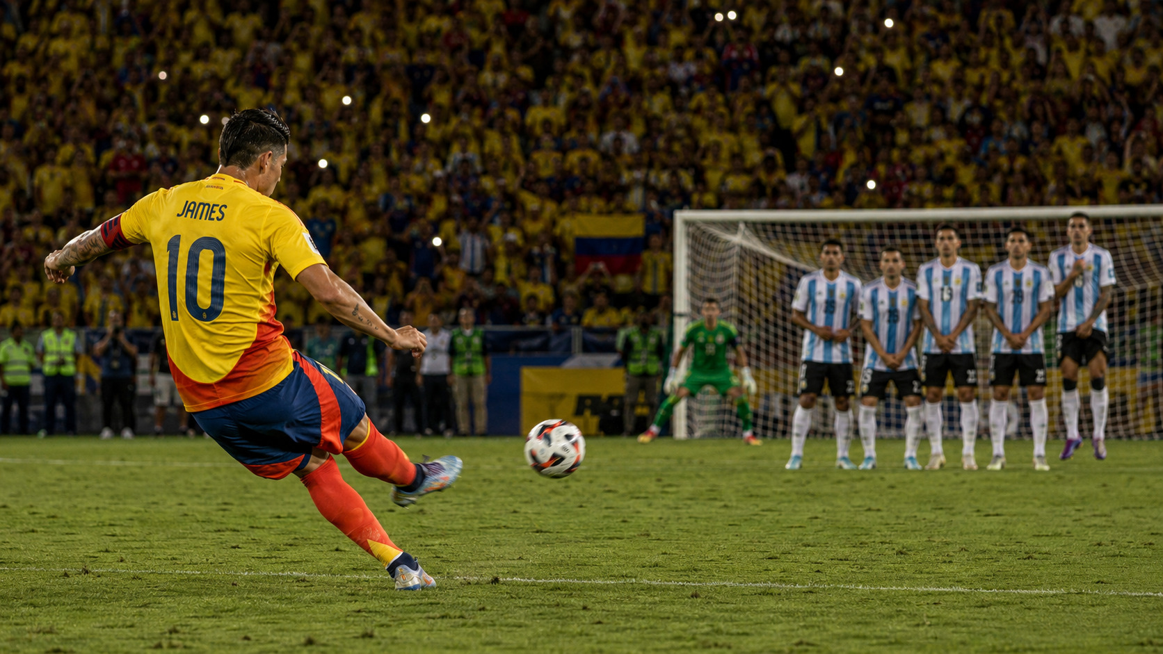 James Rodríguez taking a free kick for Colombia during a World Cup match