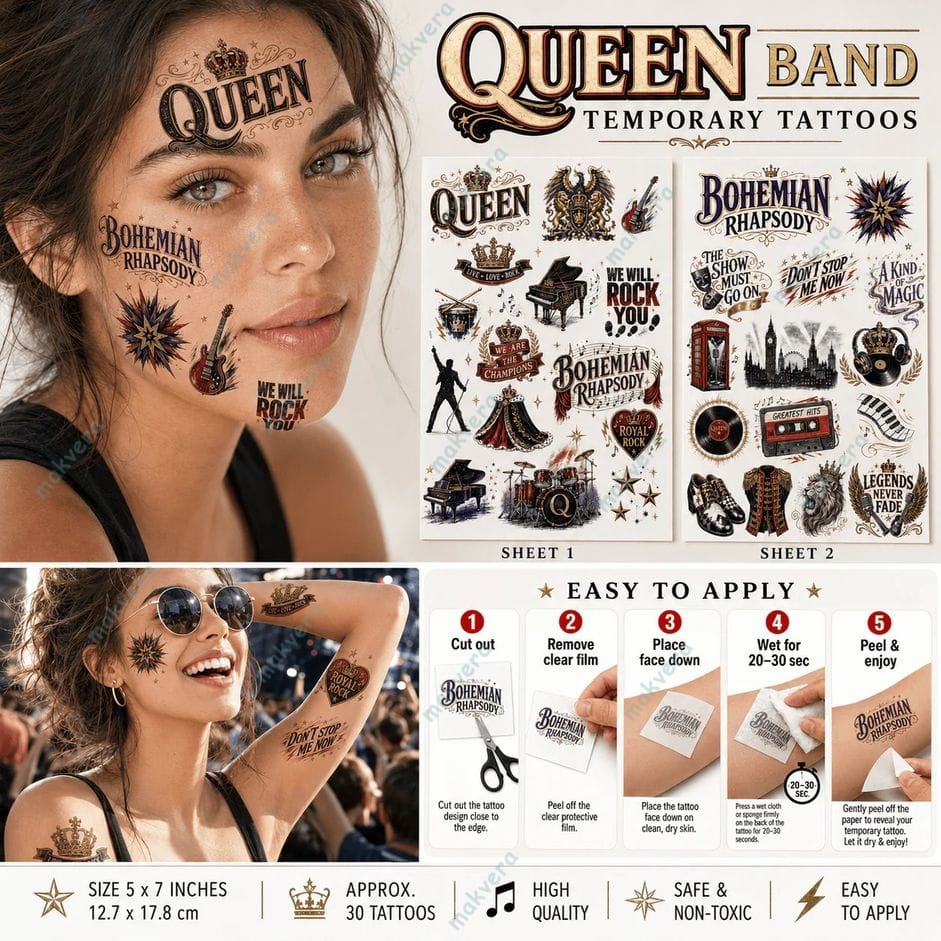 Queen Band Bohemian Rhapsody Inspired Temporary Tattoo Queen Band Bohemian Rhapsody Inspired Temporary Tattoo