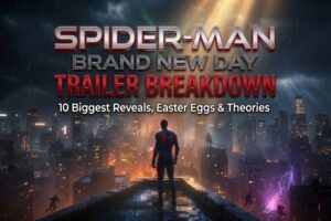 Spider-Man Brand New Day trailer breakdown featured image with rooftop hero, Hulk shadow, Punisher tease, and mystery villain hints.