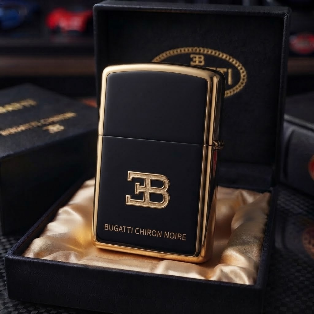 Bugatti Chiron Noire Zippo Case 6 Bugatti Chiron Noire Zippo Case displayed in a gift box with a dark luxury finish and hypercar-inspired front design-3