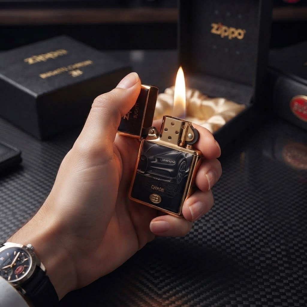 Bugatti Chiron Noire Zippo Case 5 Bugatti Chiron Noire Zippo Case displayed in a gift box with a dark luxury finish and hypercar-inspired front design-4