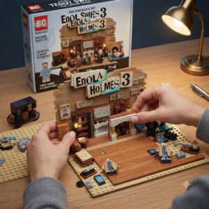 Enola Holmes 3 Brickset 2 Enola Holmes 3 Building Blocks Set with mini figures, detective-themed backdrop, vintage props, and display base-2