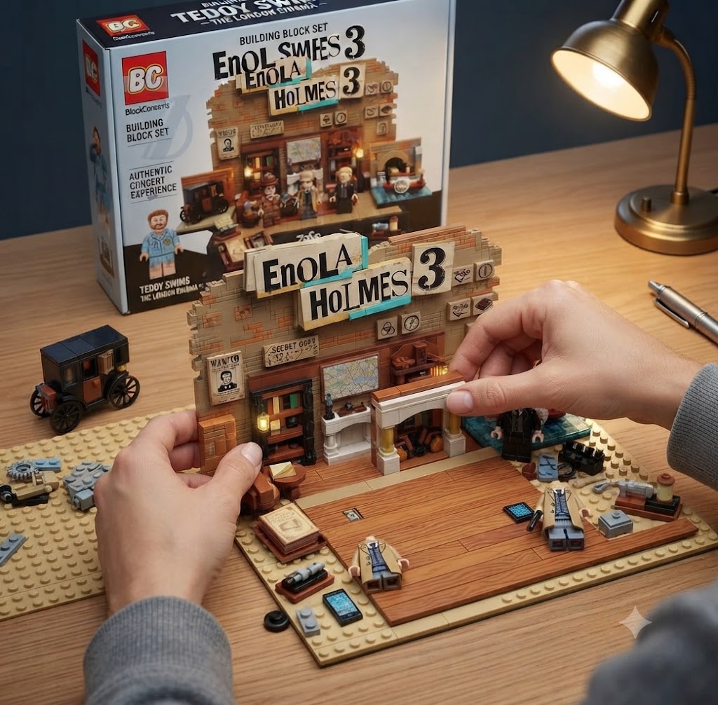 Enola Holmes 3 Brickset 5 Enola Holmes 3 Building Blocks Set with mini figures, detective-themed backdrop, vintage props, and display base-2