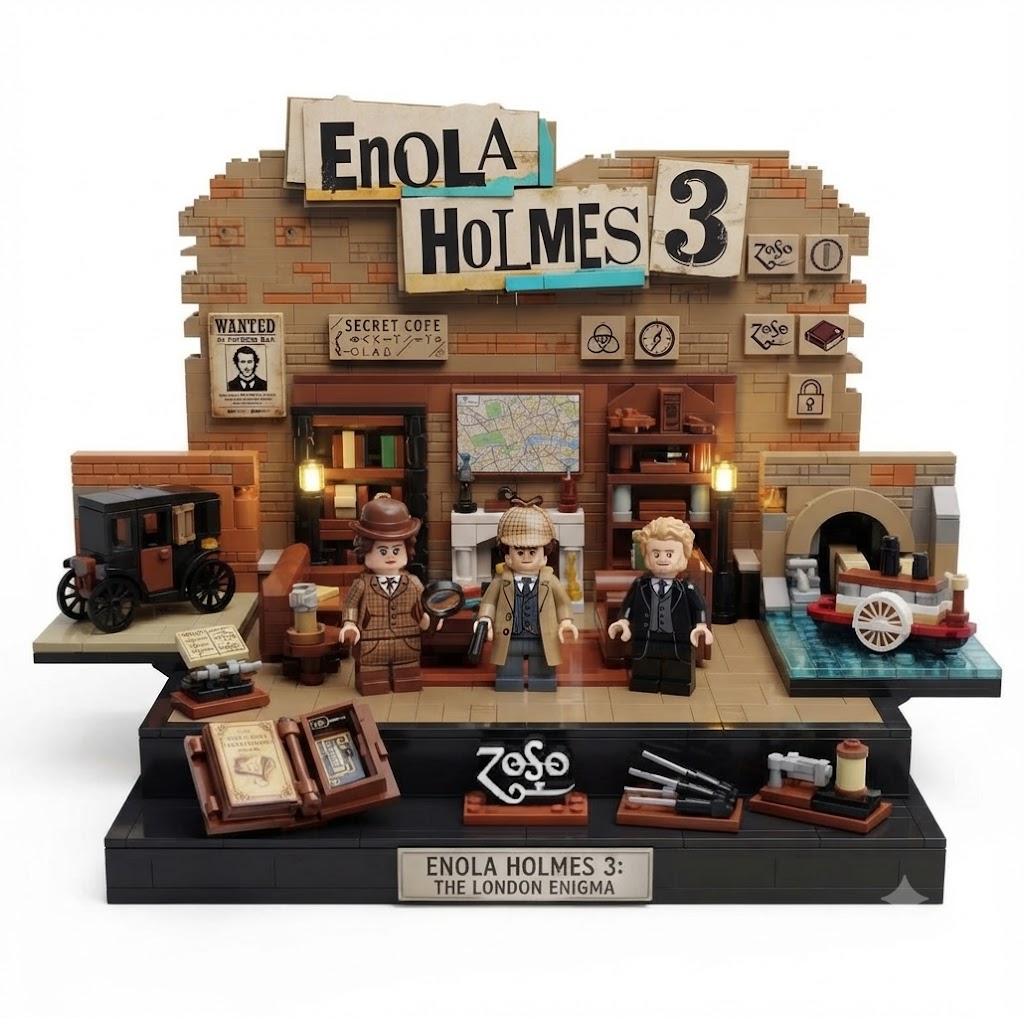 Enola Holmes 3 Brickset 3 Enola Holmes 3 Building Blocks Set with mini figures, detective-themed backdrop, vintage props, and display base