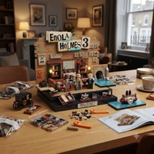 Enola Holmes 3 Brickset 1 Enola Holmes 3 Building Blocks Set with mini figures, detective-themed backdrop, vintage props, and display base-1
