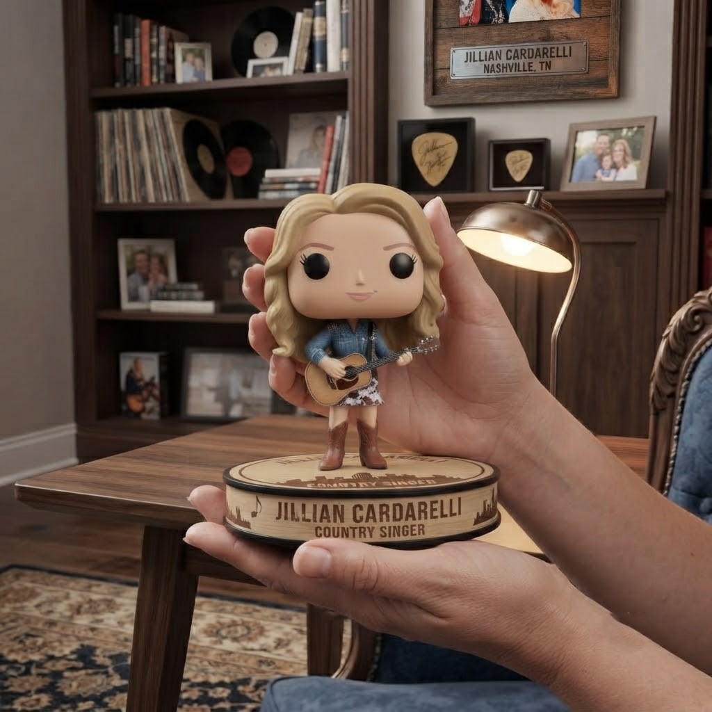 Jillian Cardarelli Figure Pop 5 Jillian Cardarelli Figure Pop holding an acoustic guitar on a custom country singer display base beside collector packaging-2