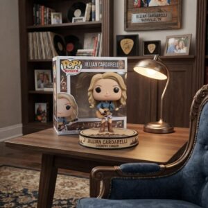 Jillian Cardarelli Figure Pop 1 Jillian Cardarelli Figure Pop holding an acoustic guitar on a custom country singer display base beside collector packaging-1